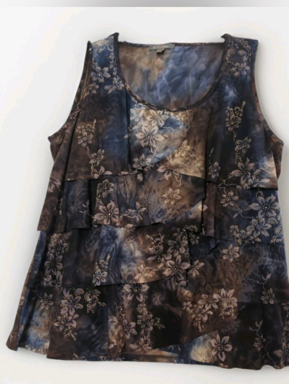 Roz & Ali Sleeveless Layered Ruffle Top 1X Brown Floral Scoop Neck Glitter Flowy